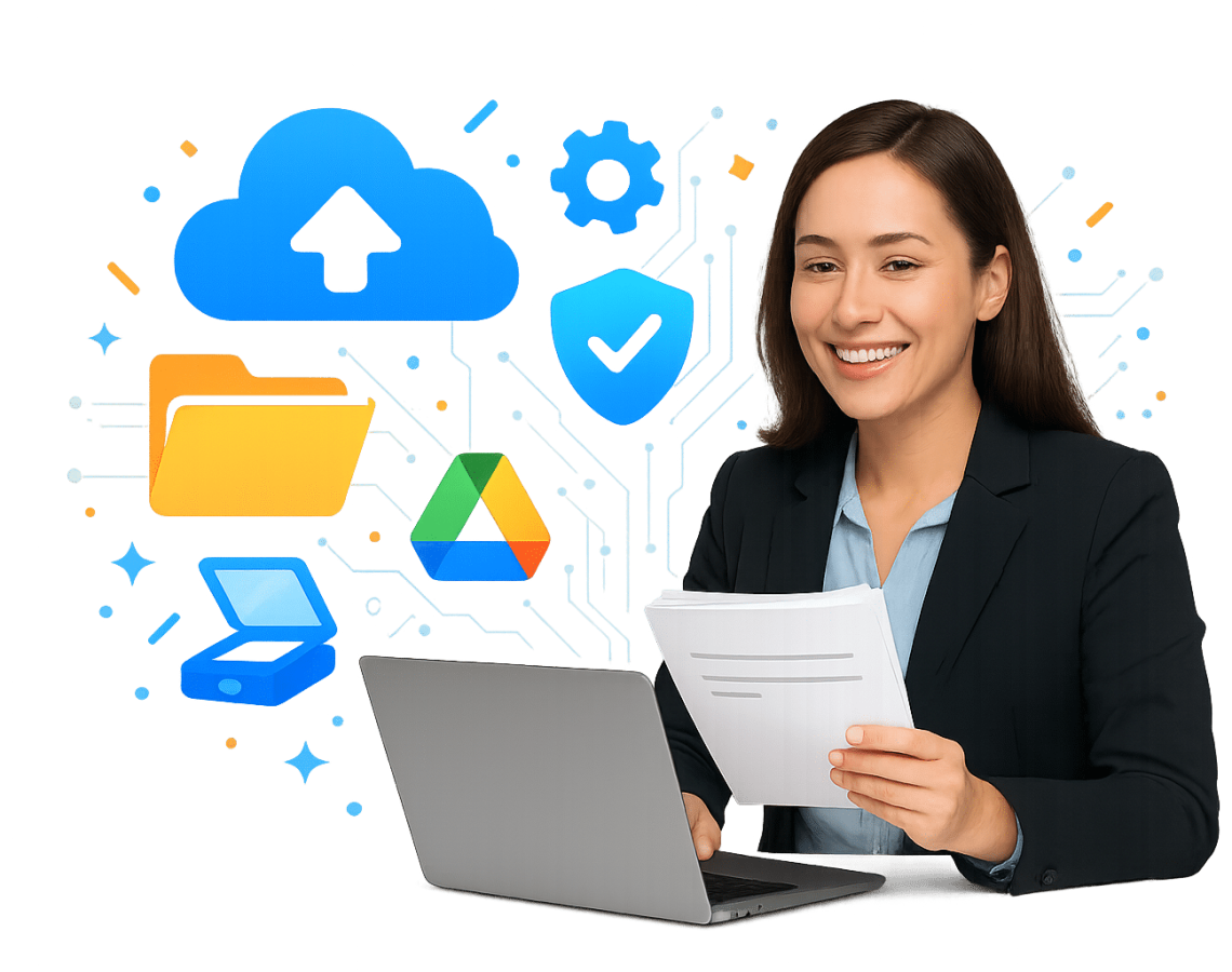 Darwin AI filing chatbot collecting documents and storing them into organised drive folders.